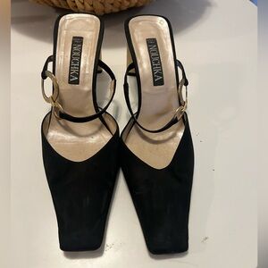 Nouchka black silk square toe mules vintage 6.5 gold embossed hardware